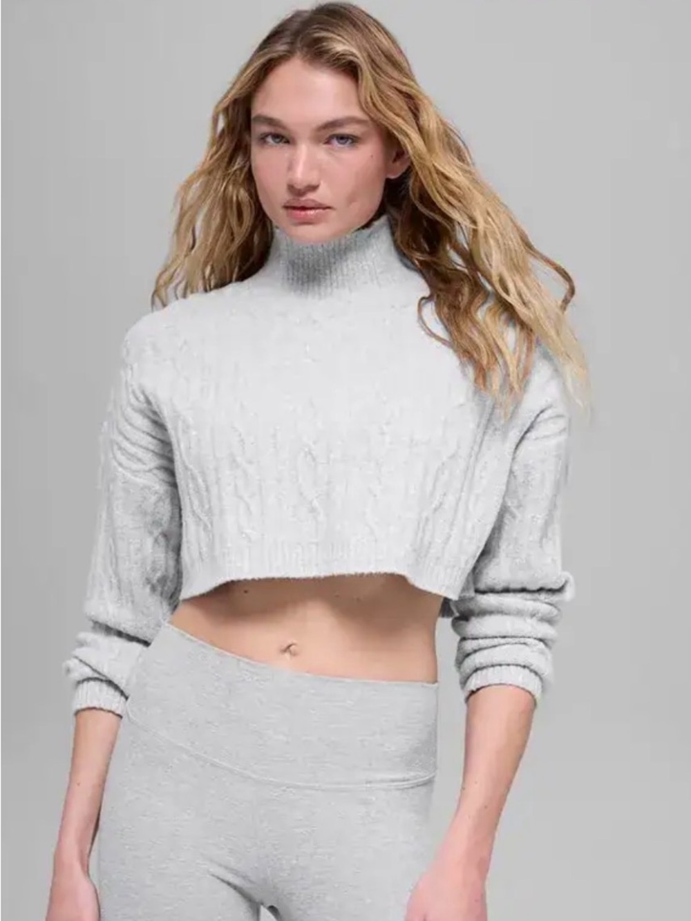ALO Yoga Cropped Cable Knit Turtleneck Sweater - Light Gray